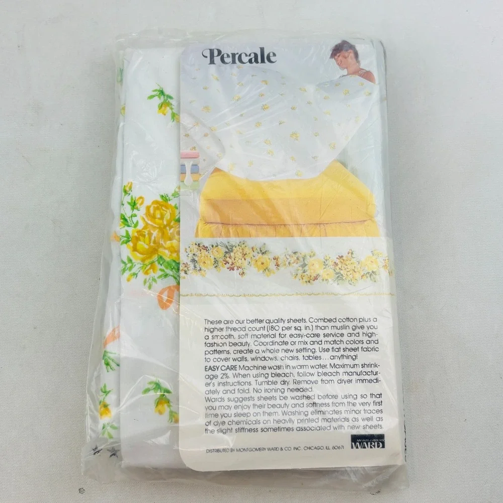 Vtg Montgomery Ward‎ American Beauty Full Sheet Set Sunshine Yellow Floral Roses